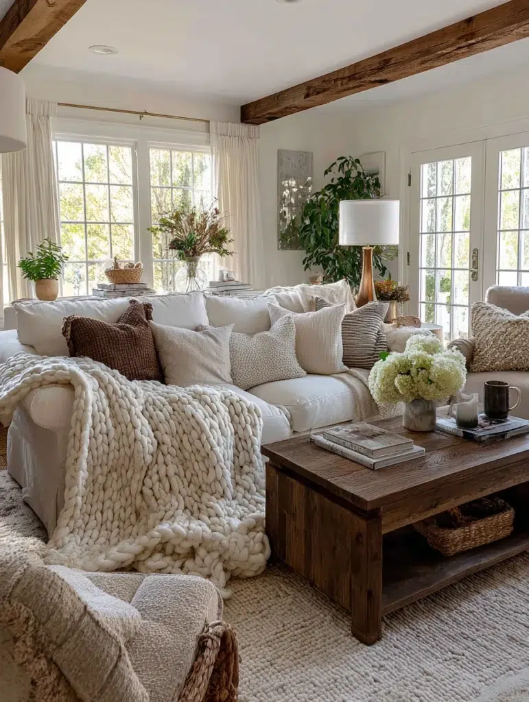 Aesthetic Farmhouse Living Room Ideas: Cozy Layered Textiles