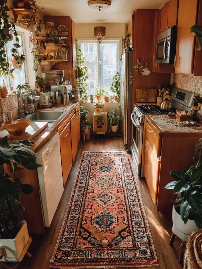 Small Boho Kitchen Ideas: Vintage Rug as Anti-Fatigue Mat