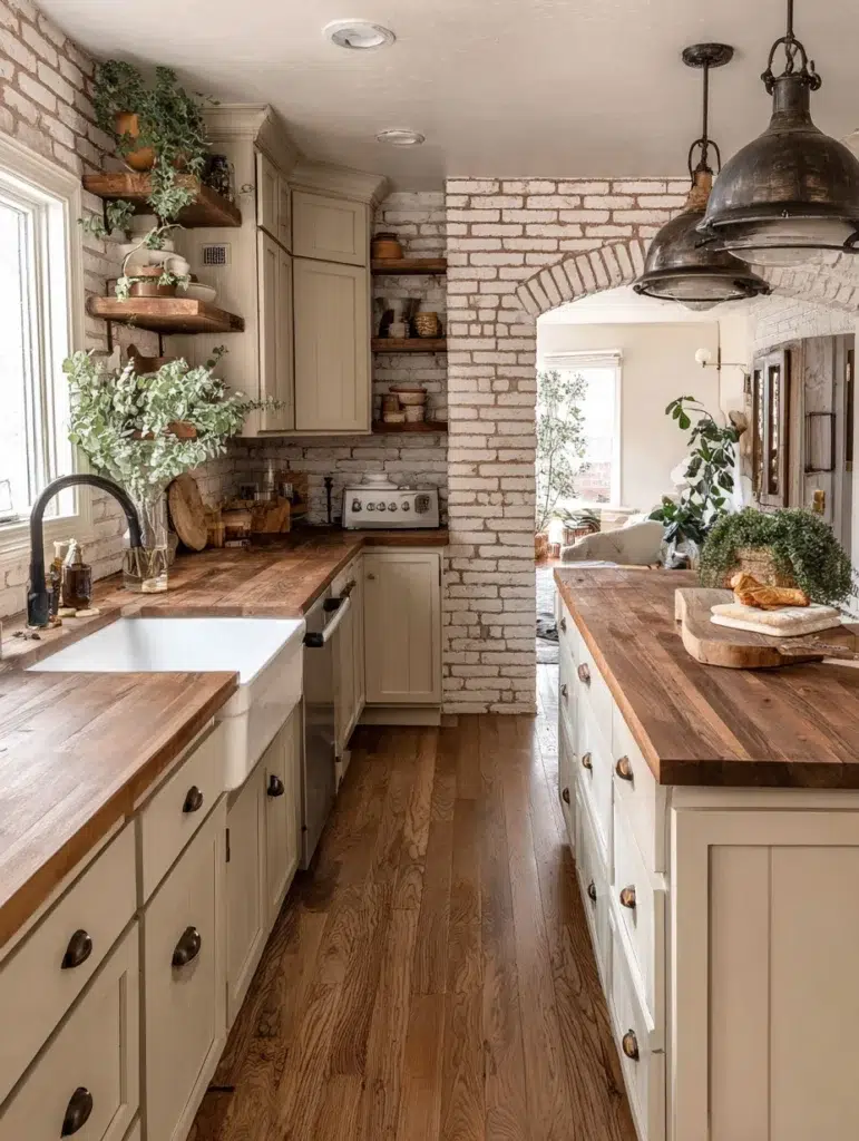Beige Kitchen Cabinet Ideas: Warm Beige Cabinets with Wood Countertops