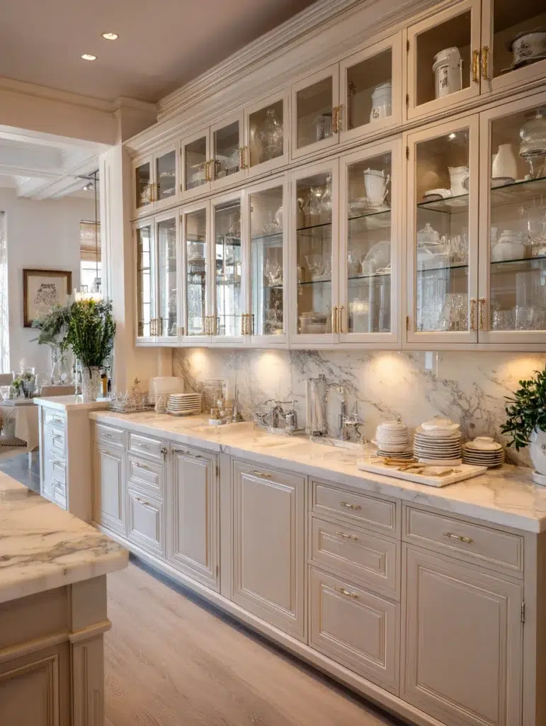 Beige Kitchen Cabinet Ideas: Beige Lower Cabinets with Glass Upper Cabinets