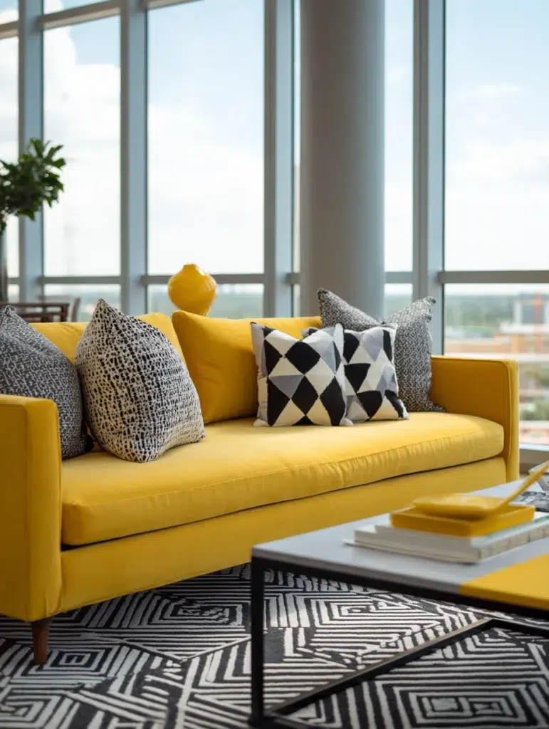 Yellow Couch Living Room Ideas: Play with Geometric Patterns