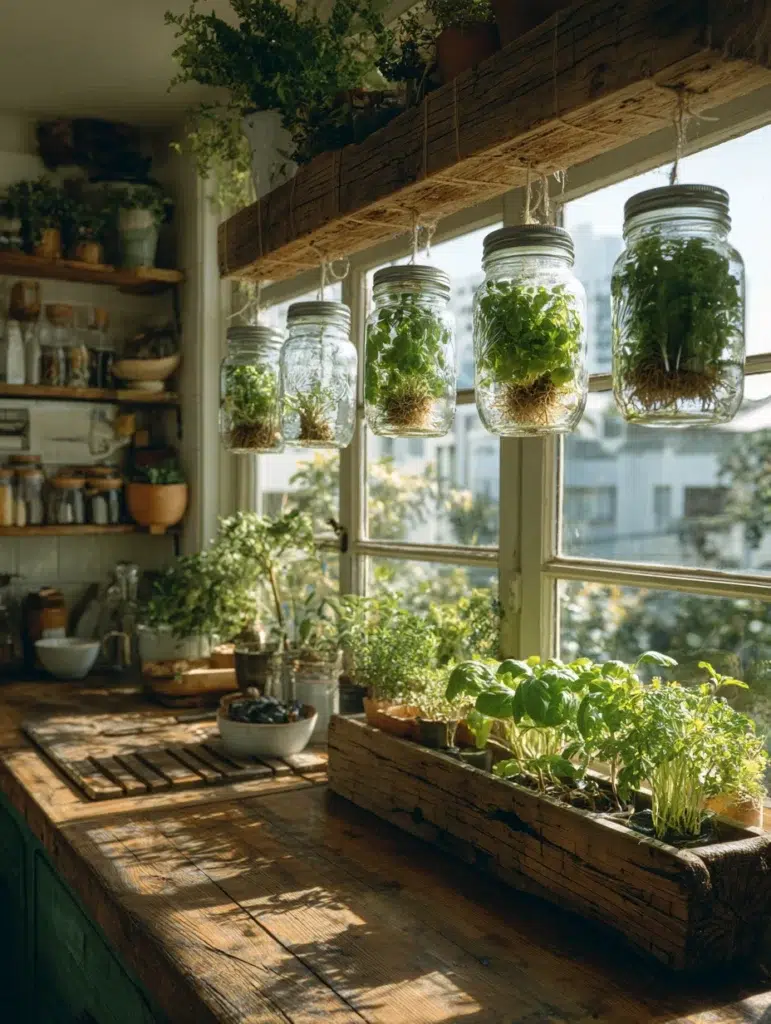 Small Boho Kitchen Ideas: Hanging Herb Garden in Mason Jars