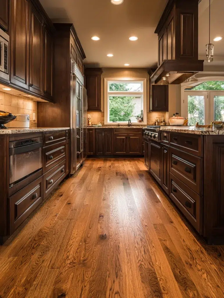 Dark Brown Kitchen Cabinet Ideas: Incorporate Natural Wood Flooring