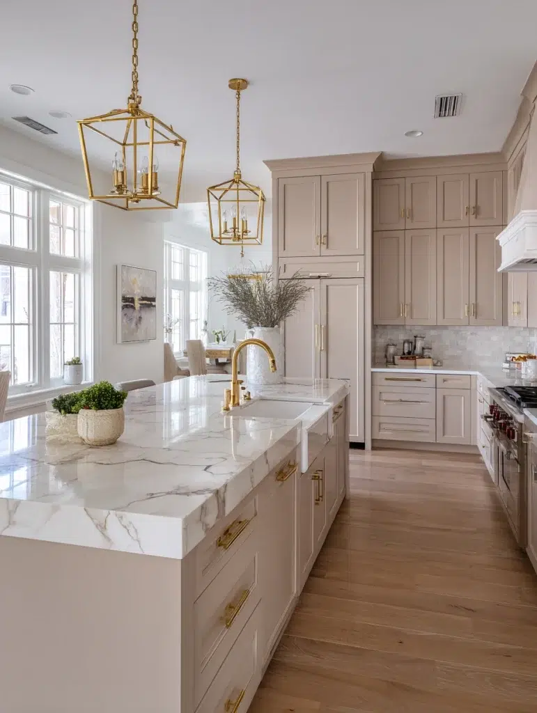 Beige Kitchen Cabinet Ideas: Beige Cabinets with Gold Accents and Fixtures