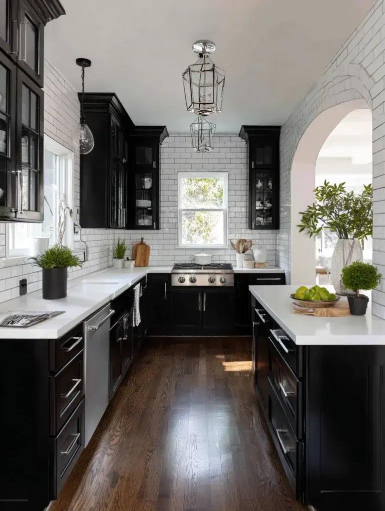 Black and White Kitchen Cabinet Ideas: Black Cabinets with White Subway Tile Backsplash
