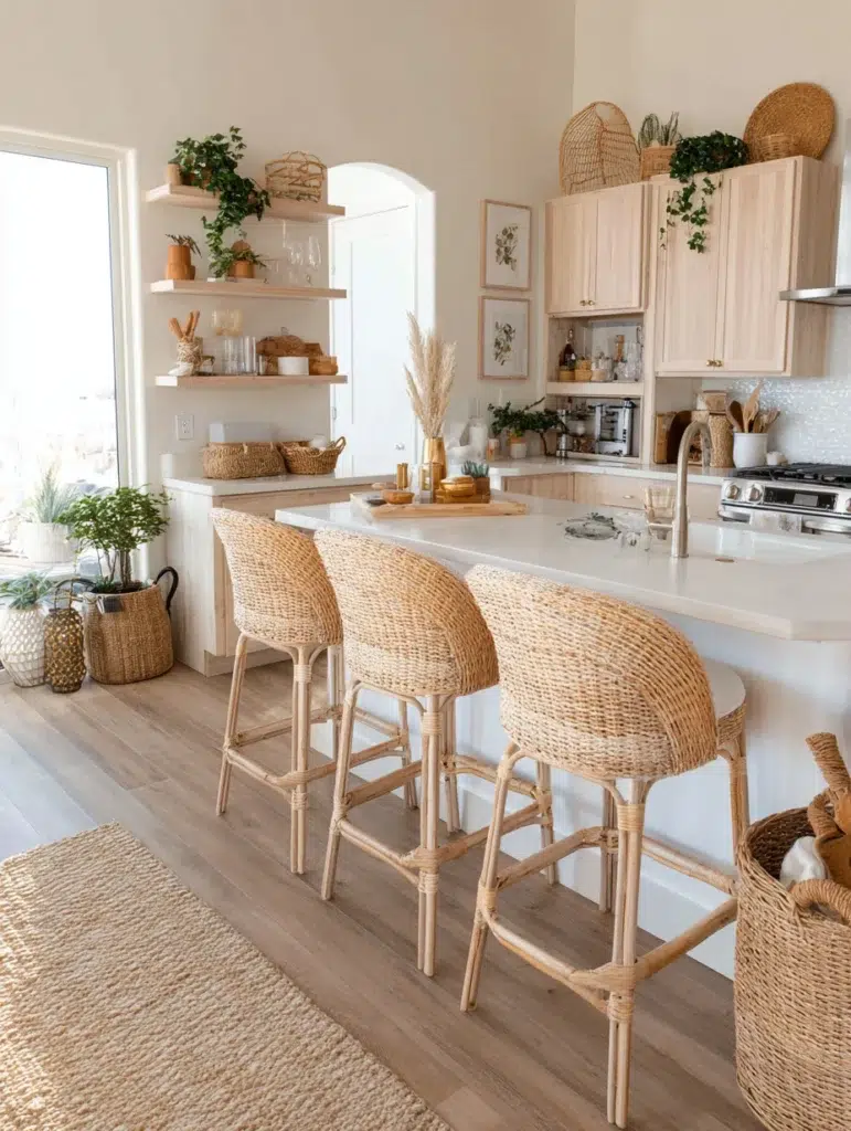 Small Boho Kitchen Ideas: Natural Fiber Bar Stools