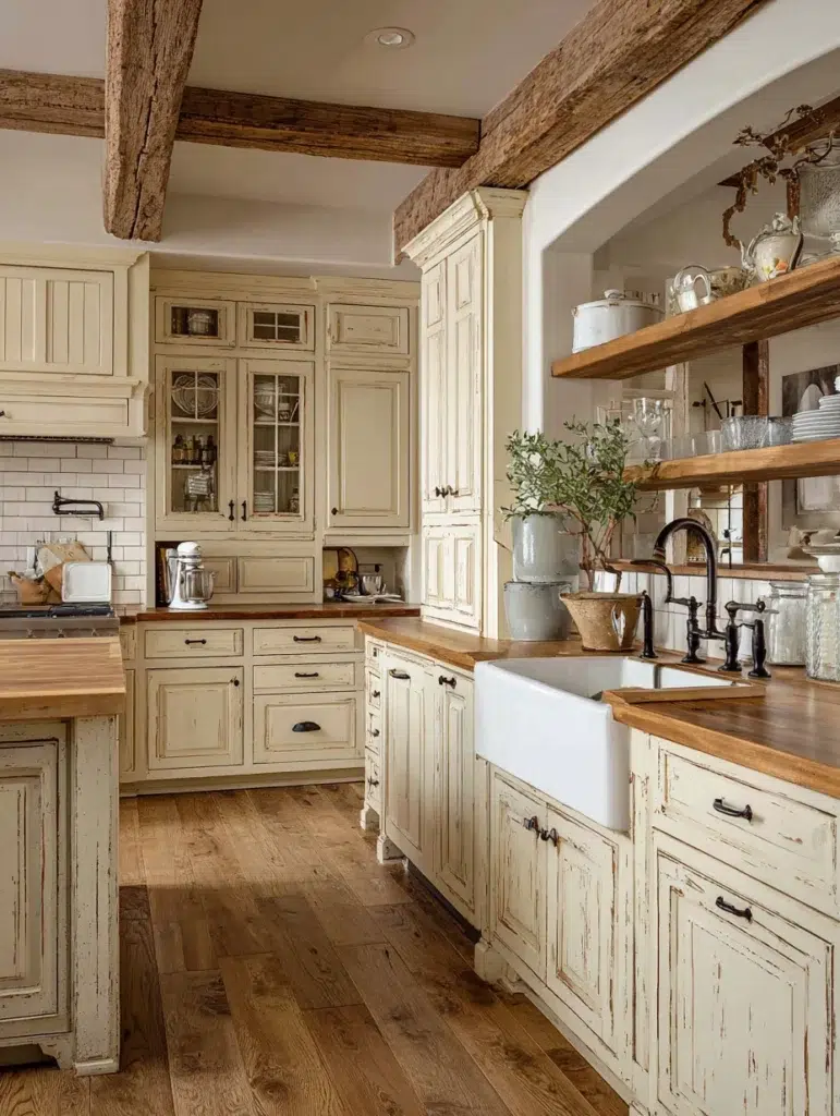 Beige Kitchen Cabinet Ideas: Distressed Beige Cabinets for Farmhouse Charm