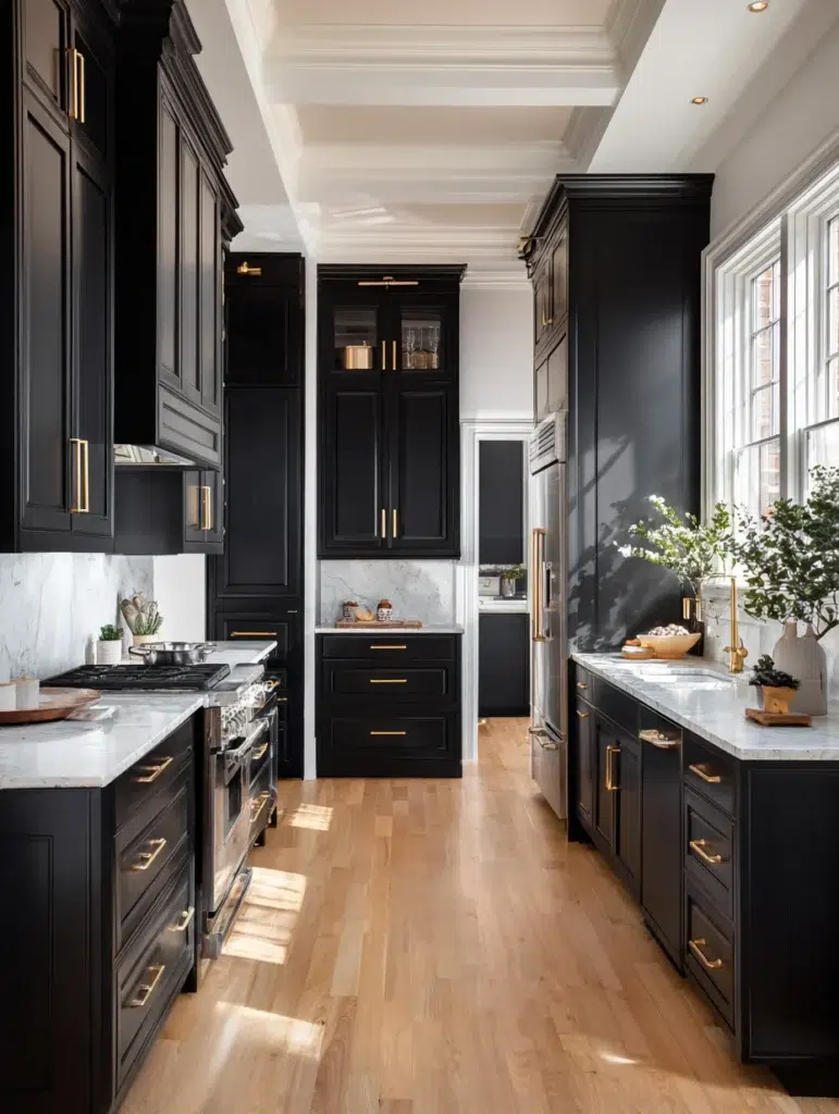 Black and White Kitchen Cabinet Ideas: Matte Black Cabinets with Brass Hardware