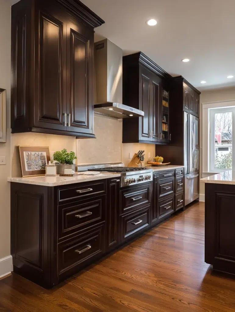 Dark Brown Kitchen Cabinet Ideas: Mix Cabinet Depths for Visual Interest