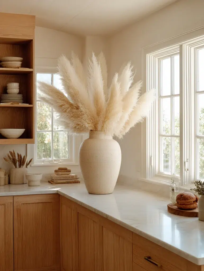 Small Boho Kitchen Ideas: Pampas Grass in Oversized Vessels