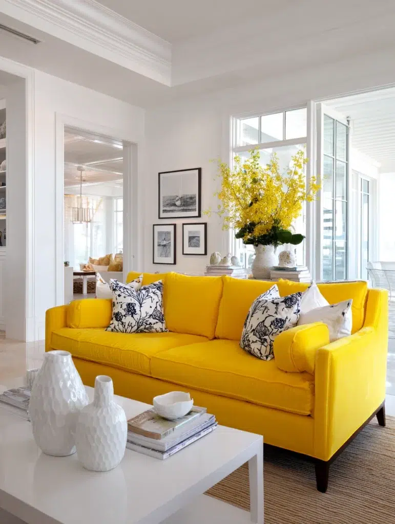 Yellow Couch Living Room Ideas: Create Contrast with White Walls and Trim