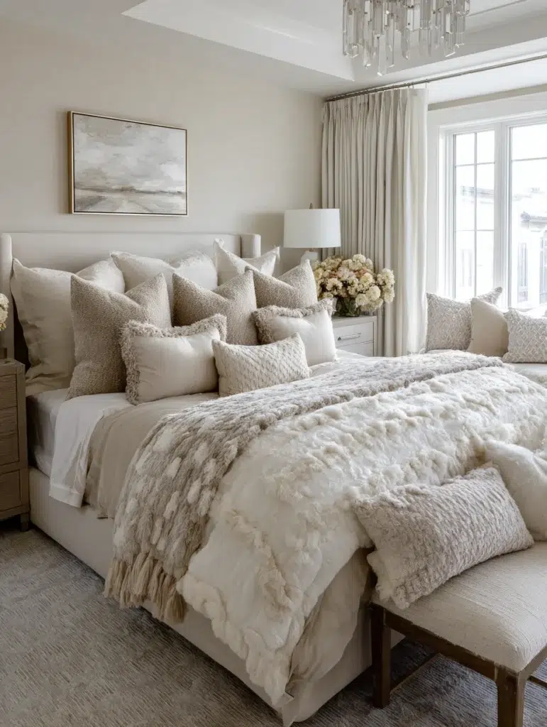 Beige Bedroom Ideas: Layer Different Textures in Throw Pillows
