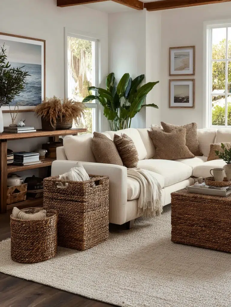 Brown and Cream Living Room Ideas: Add Warm Brown Woven Baskets for Storage