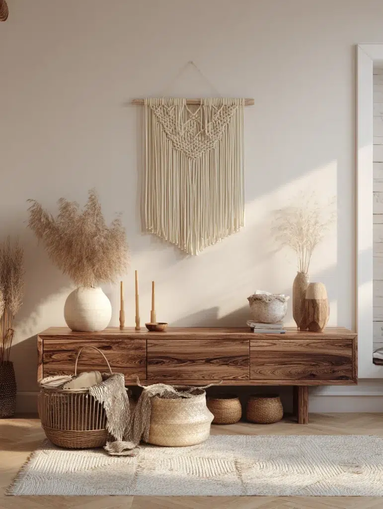 Brown and Cream Living Room Ideas: Hang a Cream Macrame Wall Hanging