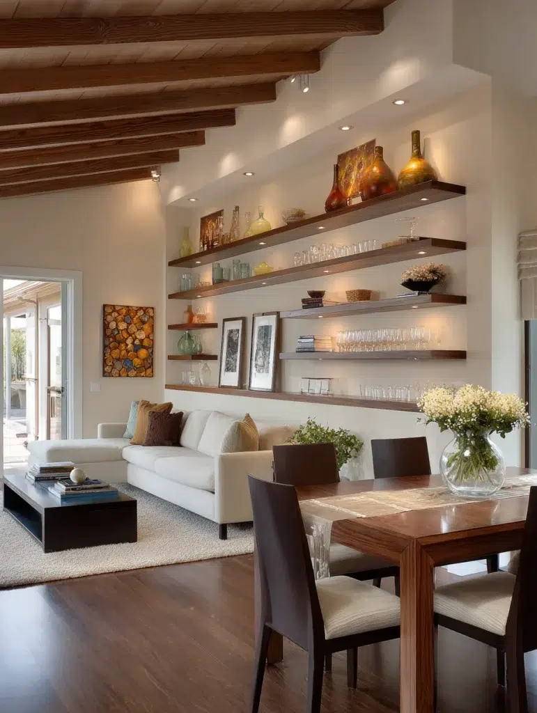 Small Living Room Dining Room Combo Ideas: Install Wall-Mounted Shelving for Dining Storage