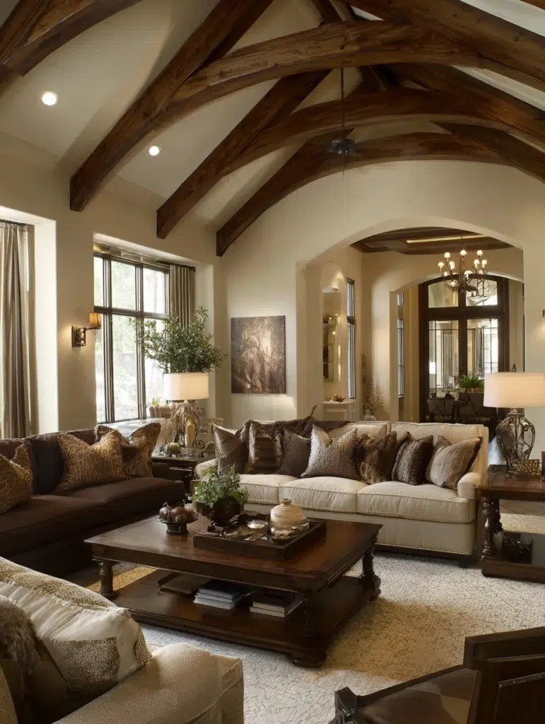Brown and Cream Living Room Ideas: Install Brown Wood Beam Accents