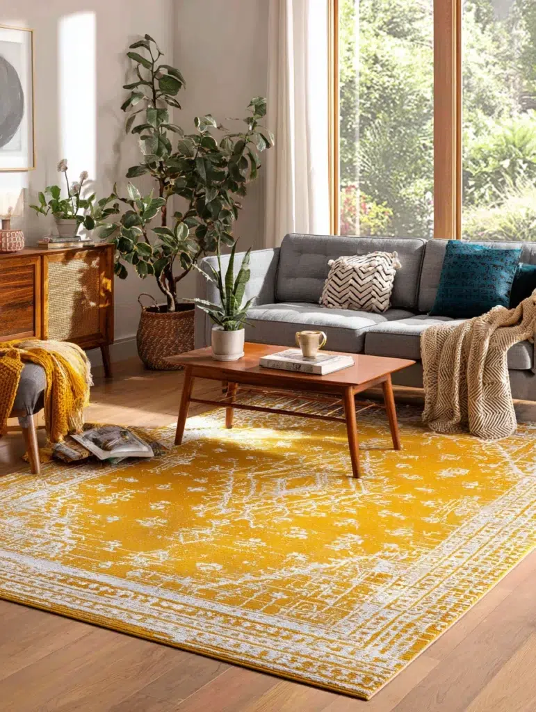 Stylish Living Room Rug Ideas: Warm Mustard Yellow Accents