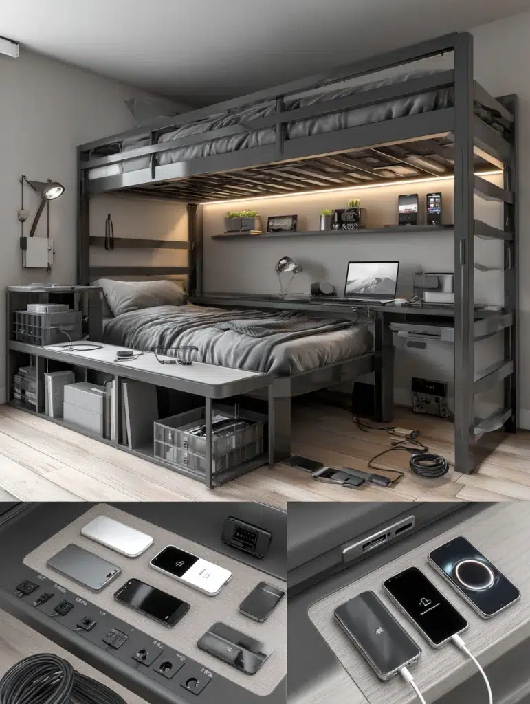 Loft Bed Bedroom Ideas: Charging Station Tech Hub