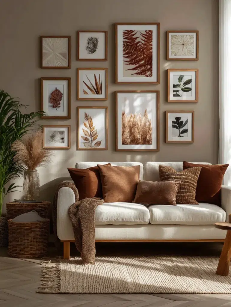 Brown and Cream Living Room Ideas: Create a Gallery Wall With Brown Frames