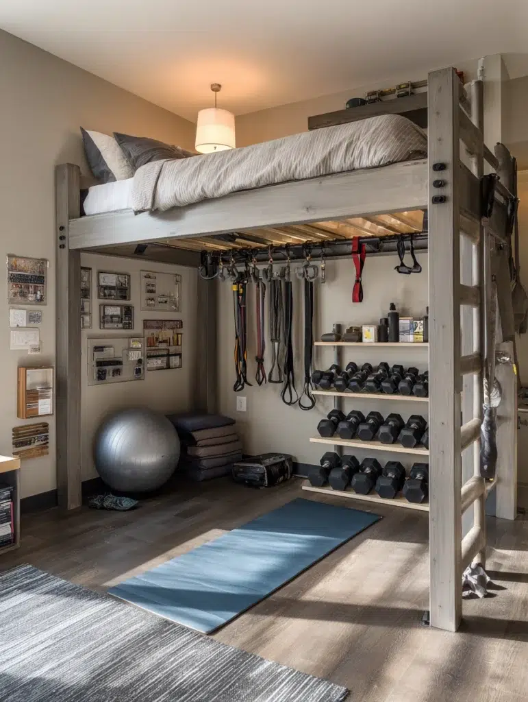 Loft Bed Bedroom Ideas: Fitness Equipment Storage