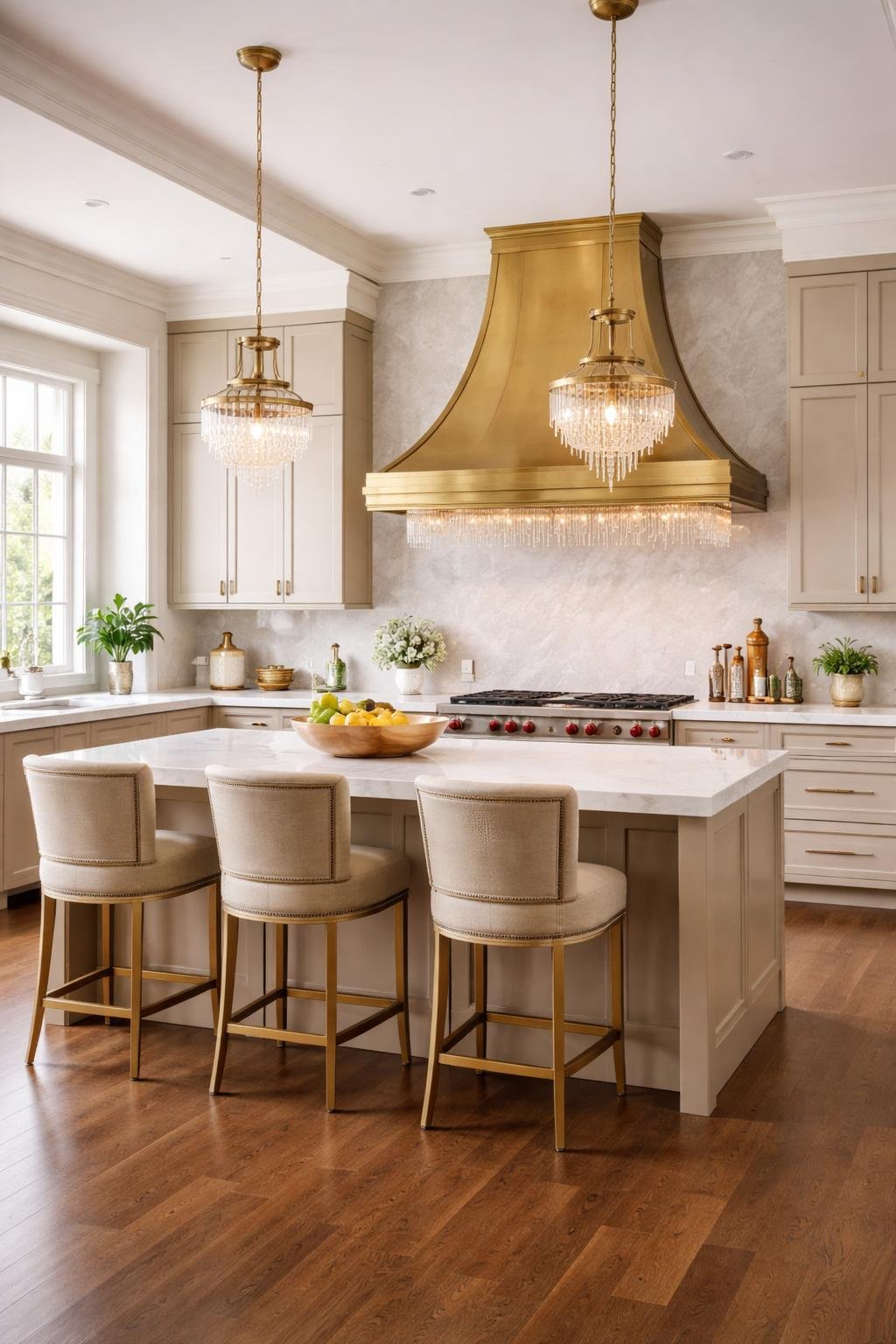A spacious kitchen with a brass range hood featuring chandelier-like details, an island with seating, large windows, and polished hardwood floors.