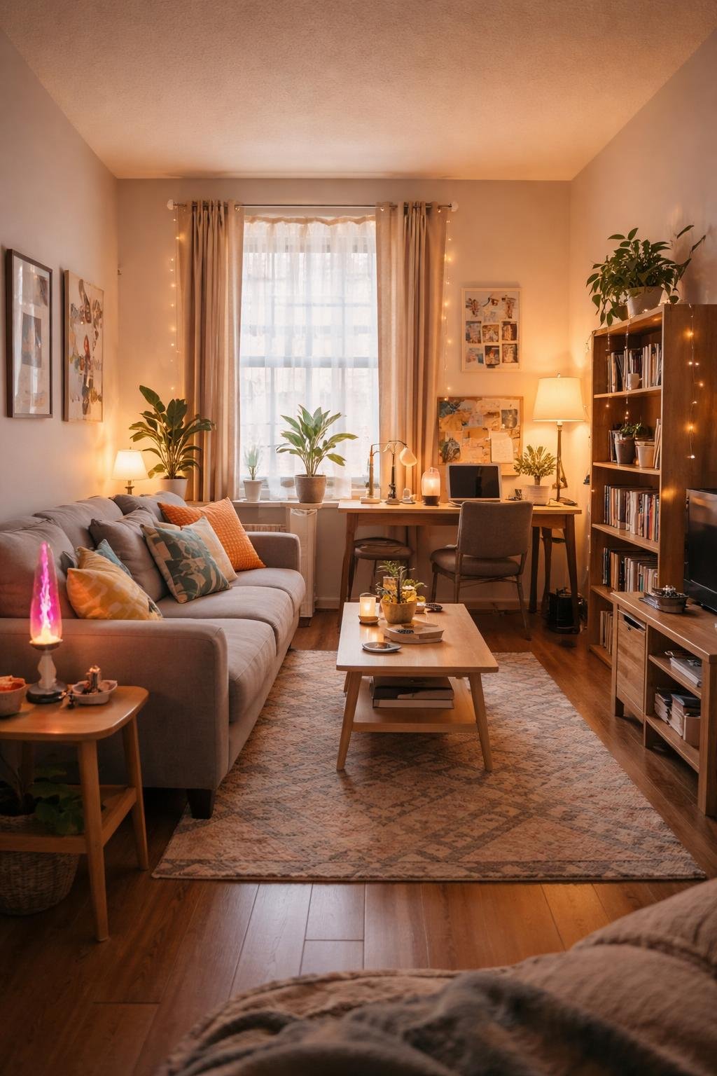 A college apartment living room with a sofa, coffee table, bookshelf, mini lava lamp on a side table, study desk, and plants.