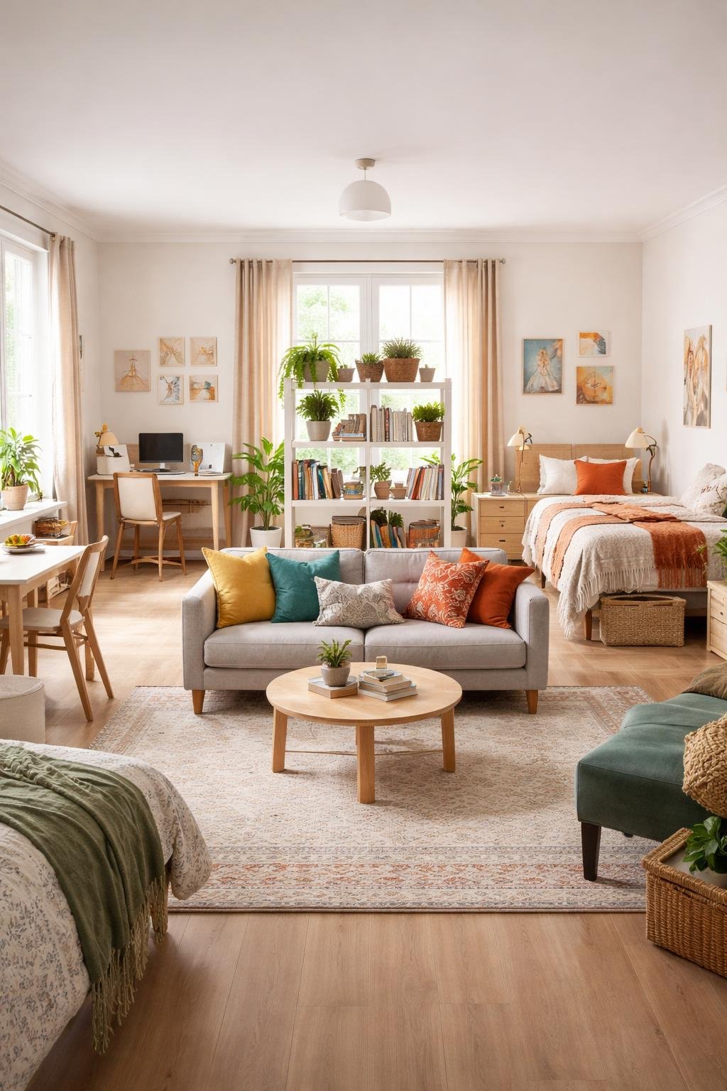 A wide view of a college apartment living space designed for roommates, showing two separate beds, a shared seating area, study desks, and storage, all neatly arranged and well-lit.