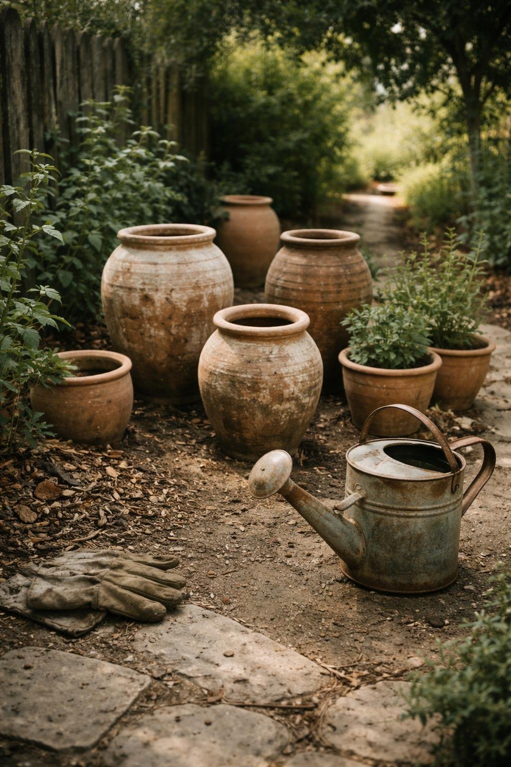 A Greek garden scene with terracotta pots and urns on soil, surrounded by plants with imperfect leaves and scattered mulch, dappled sunlight filtering through, worn gardening gloves and a watering can nearby, and muddy footprints on stone paths.