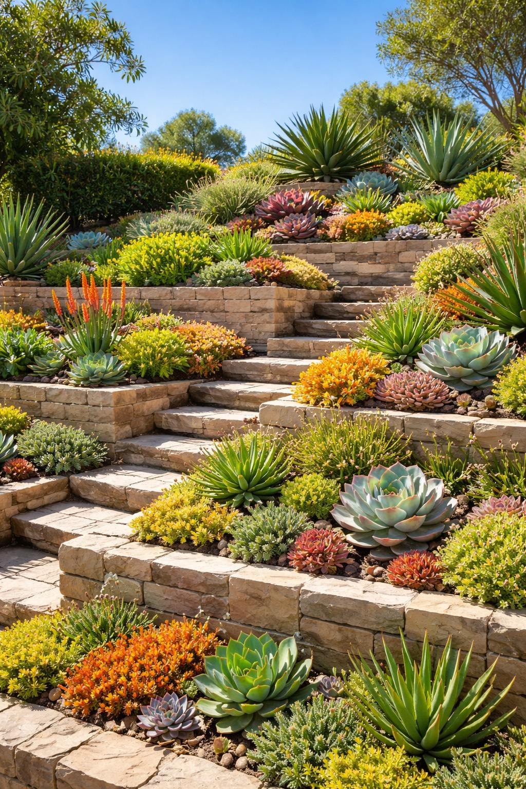 Tiered garden terraces filled with various colorful succulent plants under bright sunlight.