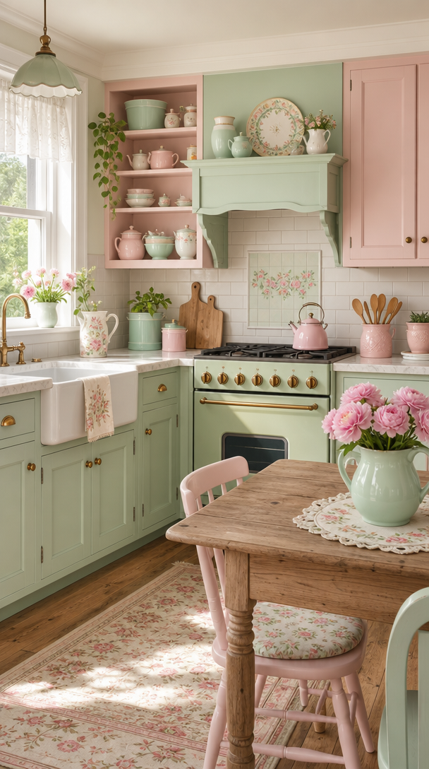 A charming kitchen with soft pastel cabinets in mint green and pink, featuring floral decor and light wood details.