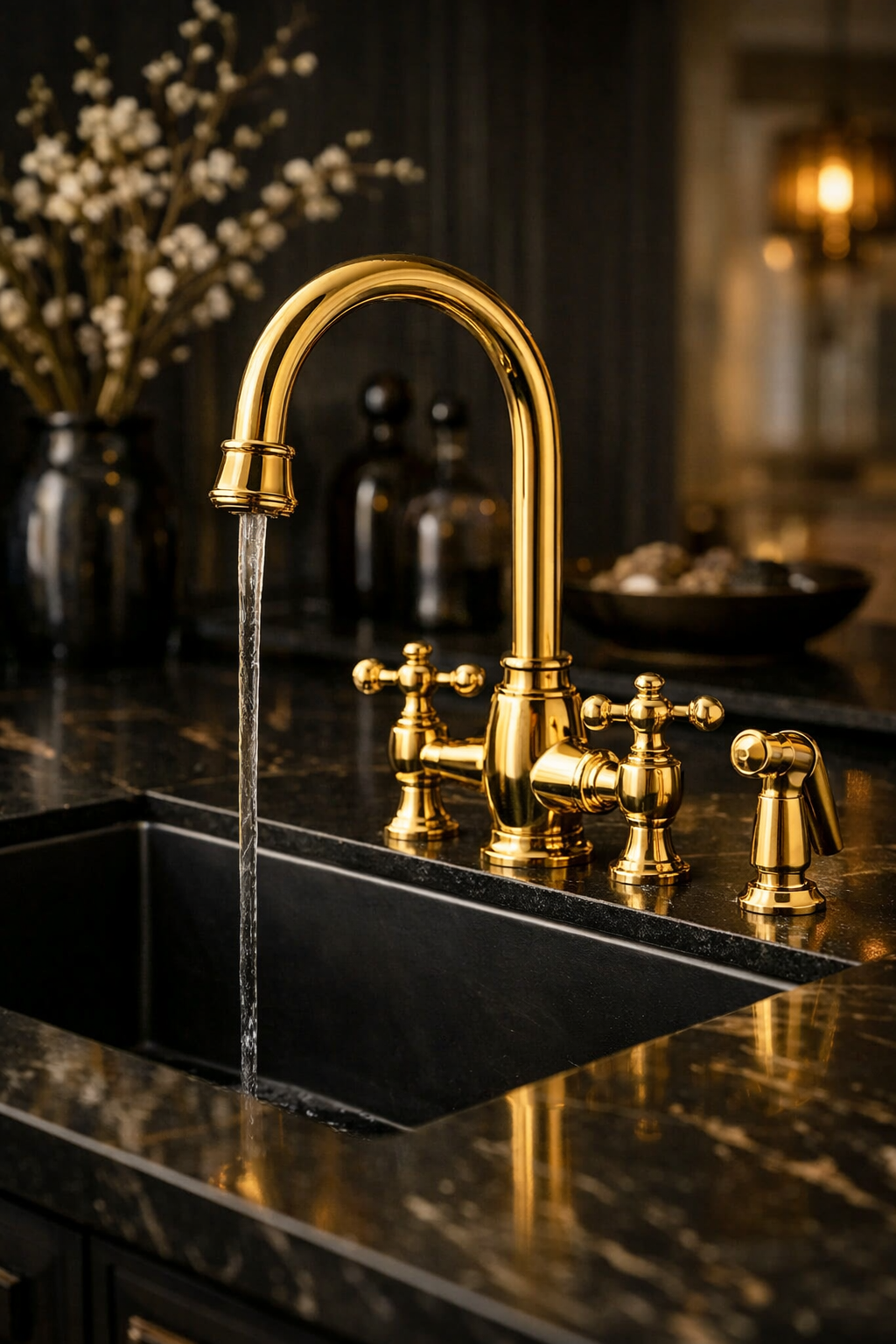 A stylish gold faucet with a dark sink in a modern kitchen setting