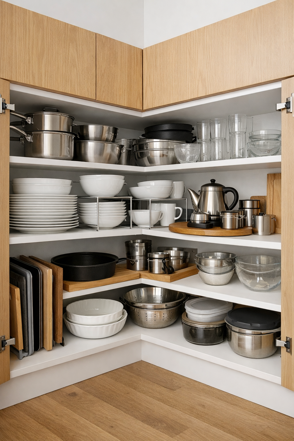Organized L-shaped corner kitchen cabinet with stainless steel pots, bowls, and wooden trays.