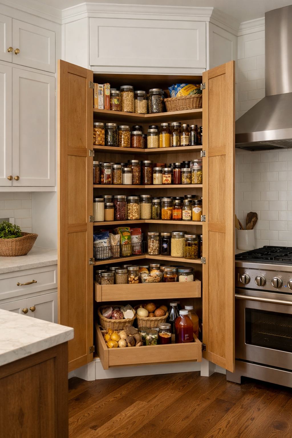 A well-organized corner pantry cabinet full of jars and containers, showcasing efficient storage solutions.