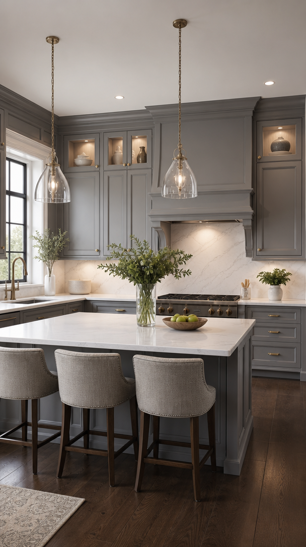 A modern kitchen featuring classic gray cabinets, a marble countertop, and elegant lighting.